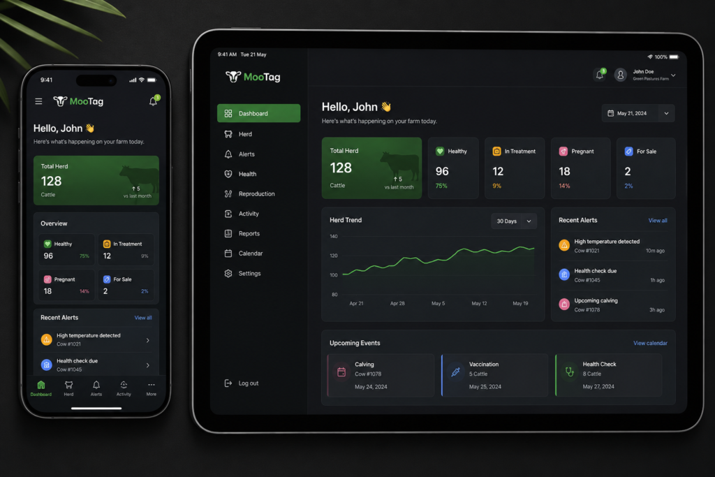 A sleek mockup of the app dashboard on a smartphone and tablet.